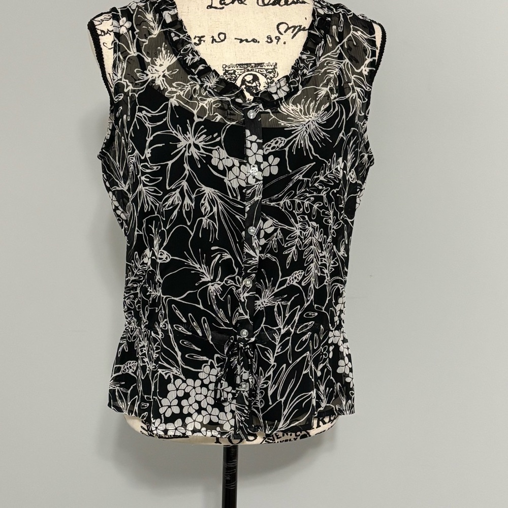 liz & co. Black and White Floral Peplum Blouse Size M